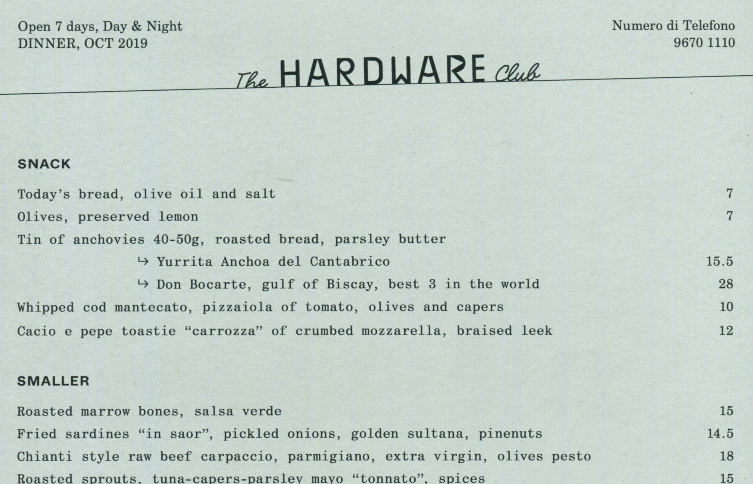 The Hardware Club food menu graphic design detail